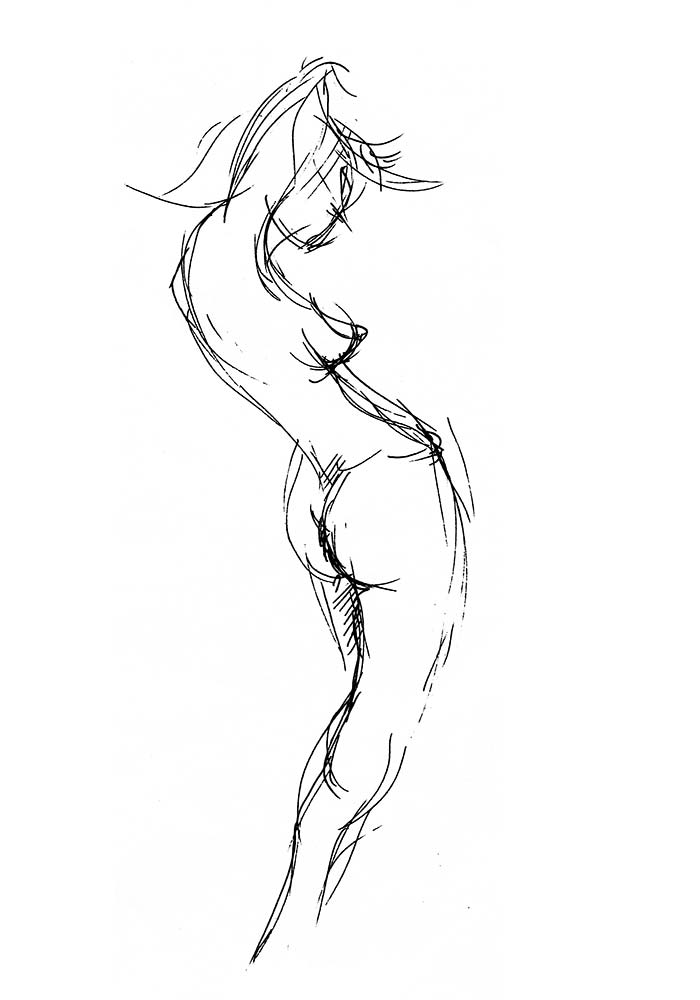 Aktstudie einer Frau mit hochgehobenen Armen. Lithografie