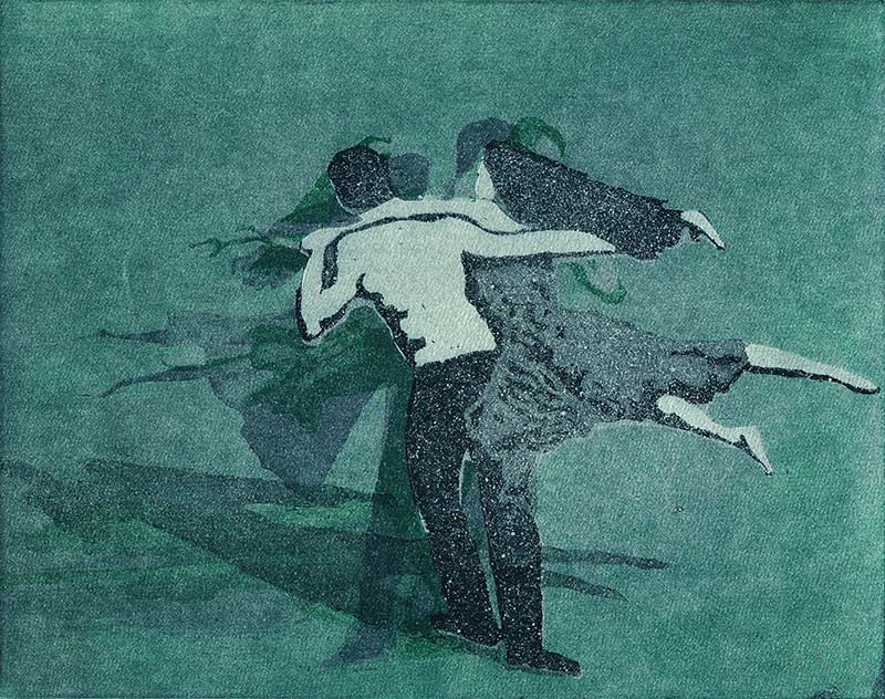 Tanzpaar in einer Drehung Farbaquatinta (3teilige Bewegungssequenz)