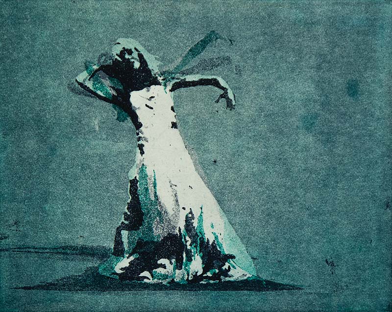 Bildtitel: Hingabe (3teilige Bewegungssequenz einer Tänzerin in einem Abendkleid, die ihren Kopf und Körper zurückneigt und ihren Arm hebt. ) Technik: Farbaquatinta