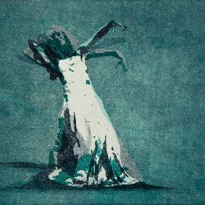 Bildtitel: Hingabe (3teilige Bewegungssequenz einer Tänzerin in einem Abendkleid, die ihren Kopf und Körper zurückneigt und ihren Arm hebt. ) Technik: Farbaquatinta