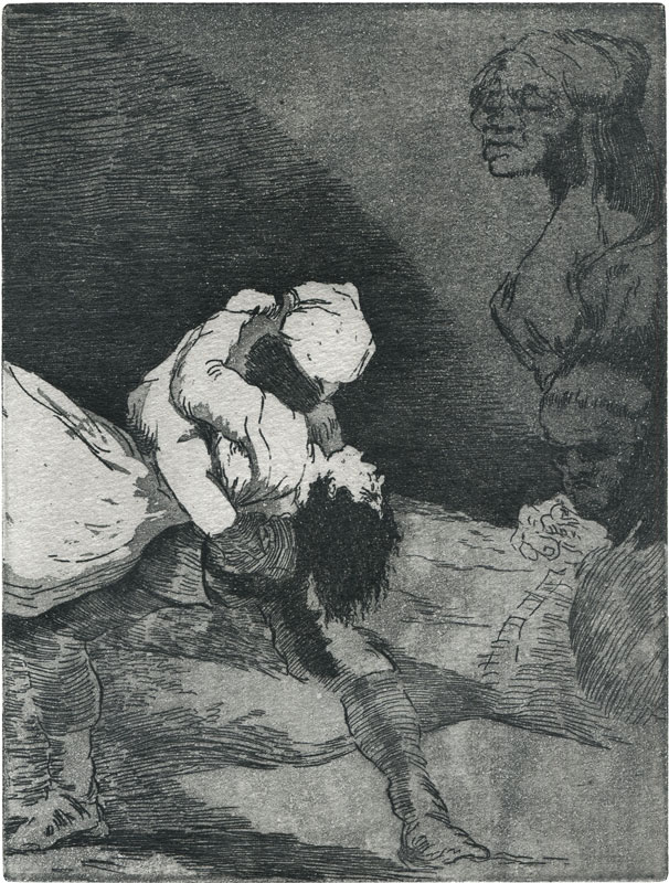 Eine eindrucksvolle Radierung mit dem Titel "Hommage an Goya: Sie schauen nur zu" von Anja Höppner. Das Bild zeigt Figuren, die von Goyas Radierungen inspiriert sind und das Thema des fehlenden Eingreifens bei Unrecht ansprechen.