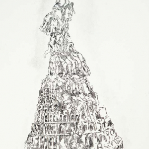 Babylon, Turmbau zu Babel, der Turm besteht unten aus Mauerwerk oben aus Menschenkörpern. Technik: Radierung, Strichätzung