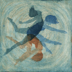 Eine Frau, die dreimal zu sehen ist, dreht sich im Wasserstrudel. Dreifarbige Aquatinta in Blau und Sepia