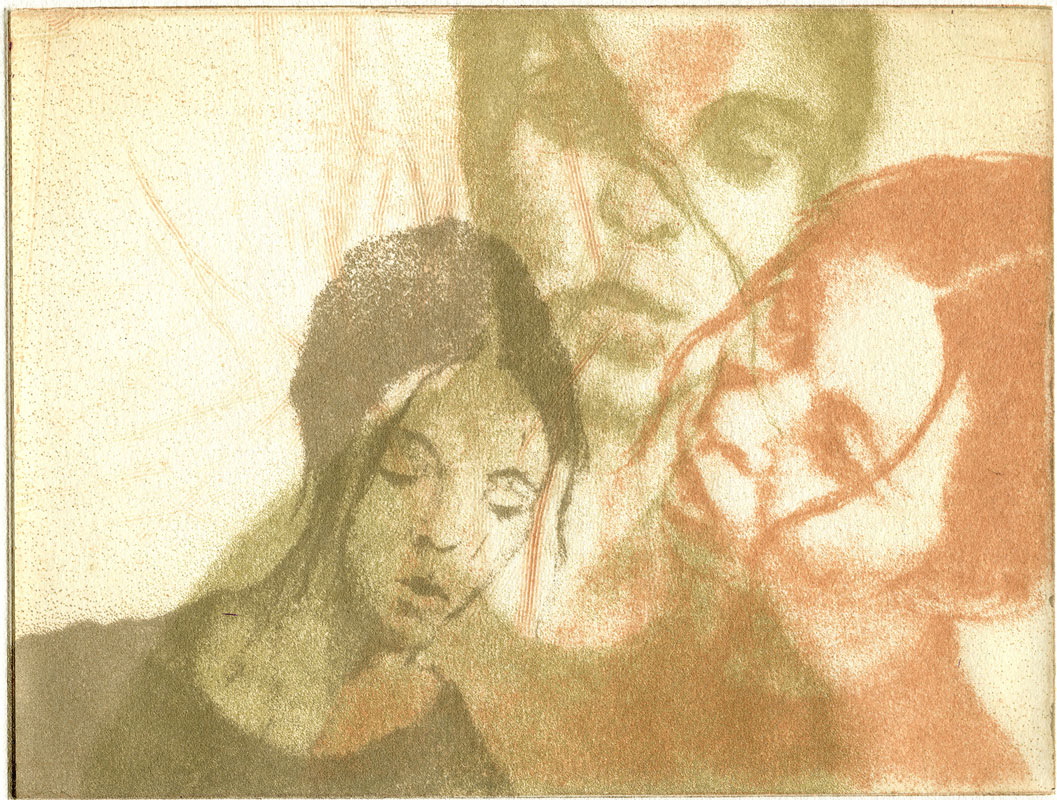 Der Kopf einer Frau wird in dreimal in unterschiedlichen Positionen und Farben (Grün, Umbra und Siena) gezeigt.Photoradierung von drei Bleistiftzeichnungen, auf Büttenpapier (3 Platten) Plattengröße: 19,8 x 14,8 cm Auflage: 5