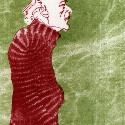Papierlithographie. Älterer Herr mit markantem Gesicht in Profilansicht, mit rotem Mantel.