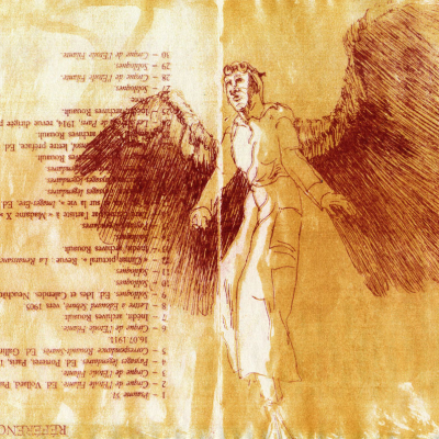 Eine Papierlithographie von Anja mit einem sonnengelben Hintergrund und einem Engel in warmen Rottönen. Das Bild zeigt einen Engel auf Stelzen mit einem Schutzhelm.