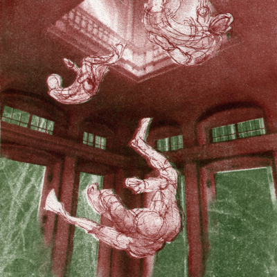 Papierlithographie · Drei gezeichnete gestalten fallen aus einer Öffnung im Dach eines Gebäudes nach unten. Das Gebäude schwebt.