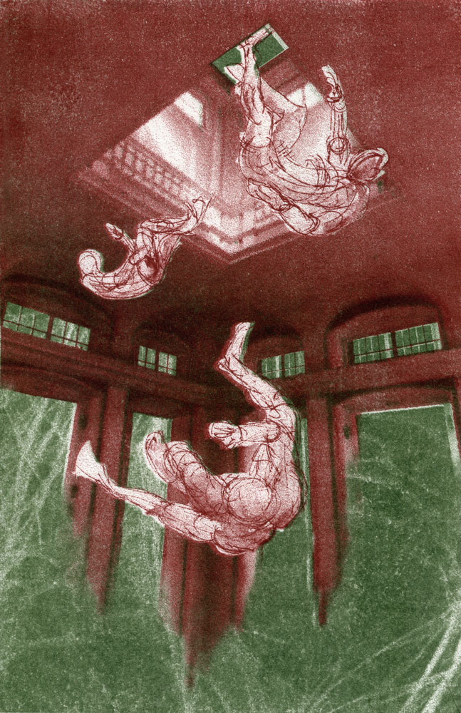 Papierlithographie · Drei gezeichnete gestalten fallen aus einer Öffnung im Dach eines Gebäudes nach unten. Das Gebäude schwebt.