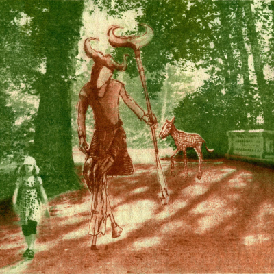 Patroni. Papierlithographie. Kleines Mädchen in einem Park mit Bäumen. Gefolgt von einem Ween mit Hörnern und gehörmtem Stab und Fohlen mit einem 3D-Gitternetz.