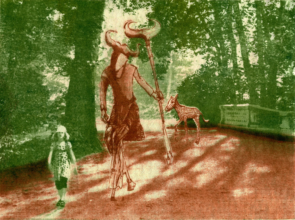 Patroni. Papierlithographie. Kleines Mädchen in einem Park mit Bäumen. Gefolgt von einem Ween mit Hörnern und gehörmtem Stab und Fohlen mit einem 3D-Gitternetz.