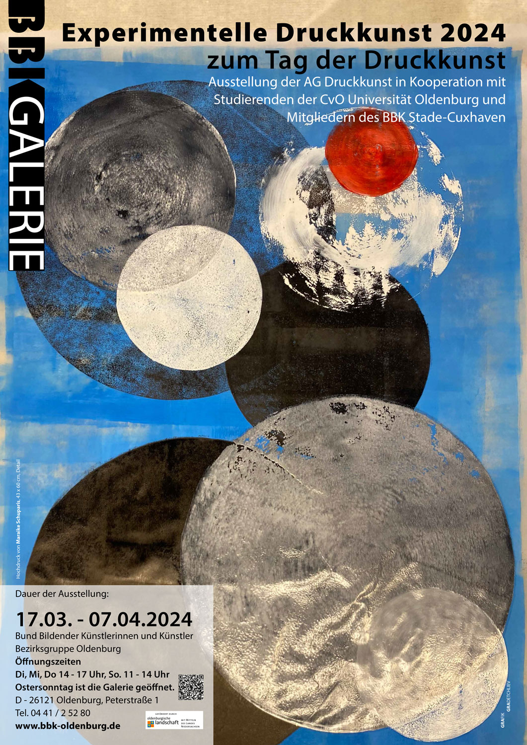 Plakat für die Ausstellung "Experimentelle Druckgrafik" in der BBK Galerie Oldenburg, bei der ich, Anja Höppner, als Gastkünstlerin dabei bin.