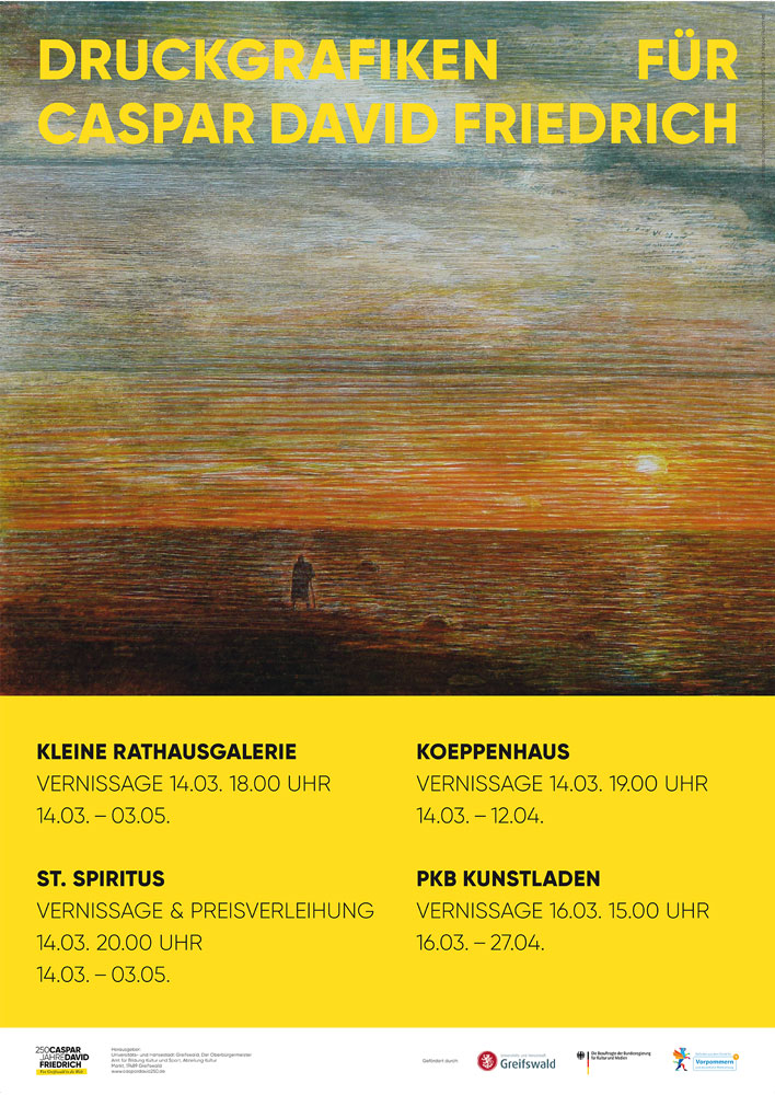 Plakat für die Druckgrafiken zum 250. Geburtstag von Caspar David Friedrich, präsentiert im Sozio-kulturellen Zentrum St. Spiritus in Greifswald, mit Werken von Anja Höppner.
